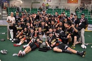 Wilde and the Whitby Warrirors pose after winning the 2011 Minto Cup in Okotoks, AB