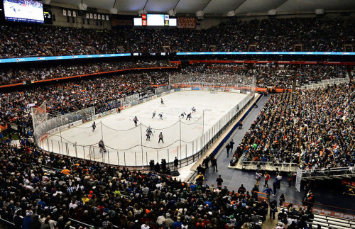 Source: syracuse.com "Hockey fans pack the Carrier Dome for the Syracuse/Utica Frozen Dome Classic in Syracuse, N.Y., Saturday, Nov. 22, 2014. Kevin Rivoli | krivoli@syracuse.com"