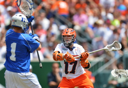 PHILADELPHIA, PA - MAY 27: Dylan Donahue #17 of the Syracuse University Orange shoots and scores on Kyle Turri #1 of the Duke University Blue Devils during the 2013 NCAA Division I Men's Lacrosse Championship at Lincoln Financial Field on May 27, 2013 in Philadelphia, Pennsylvania. (Photo by Drew Hallowell/Getty Images)