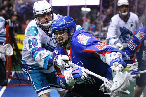 TORONTO, ON- JANUARY 14:  Dan Lintner gets away from Stephen Keogh as the Toronto Rock play the Rochester Knighthawks  at the  Air Canada Centre in Toronto. January 14, 2016.        (Steve Russell/Toronto Star via Getty Images)