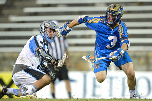 CHARLOTTE, NC - JUNE 05: Brendan Fowler #3 of the Charlotte Hounds wins a face-off against Greg Puskuldjian #94 of the Ohio Machine during their game at American Legion Memorial Stadium on June 5, 2015 in Charlotte, North Carolina. Ohio won 14-12. (Photo by Grant Halverson/Getty Images)