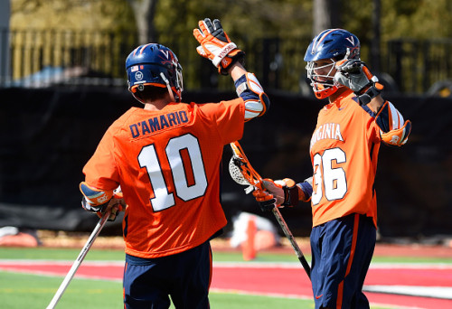 SYRACUSE, NY - MARCH 12: Zed Williams #36 of the Virginia Cavaliers reacts following his goal with teammate Mike D'Amario #10 against the Cornell Big Red during the first quarter at Schoellkopf Field on March 12, 2016 in Ithaca, New York. Cornell won 14-10. (Photo by Rich Barnes/Getty Images)