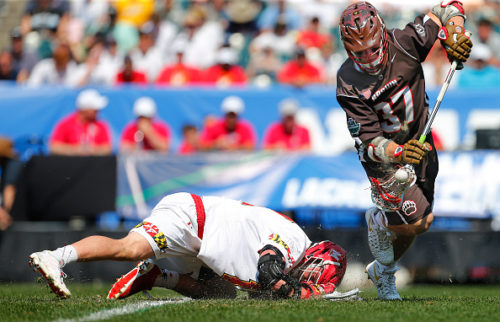 PHILADELPHIA, PA - MAY 28: Ted Ottens #37 of the Brown Bears controls the ball off the face-off from Austin Henningsen #18 of the Maryland Terrapins in the first quarter during a semi final match in the NCAA Division I Men's Lacrosse Championship at Lincoln Financial Field on May 28, 2016 in Philadelphia, Pennsylvania. (Photo by Rich Schultz/Getty Images)