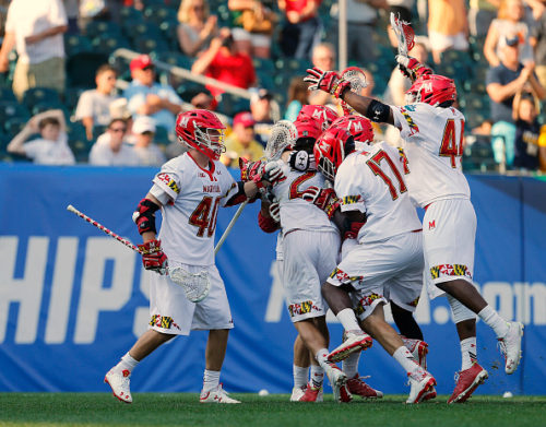 PHILADELPHIA, PA - MAY 28: Colin Heacock #2 of the Maryland Terrapins is mobbed by teammates after his game winning goal in overtime for a 15-14 win over the Brown Bears during a semi final match in the NCAA Division I Men's Lacrosse Championship at Lincoln Financial Field on May 28, 2016 in Philadelphia, Pennsylvania. (Photo by Rich Schultz/Getty Images)