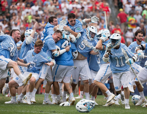 PHILADELPHIA, PA - MAY 30: The North Carolina Tar Heels celebrate after defeating the Maryland Terrapins in overtime in the NCAA Division I Men's Lacrosse Championship at Lincoln Financial Field on May 30, 2016 in Philadelphia, Pennsylvania. The Tar Heels defeated the Terrapins 14-13. (Photo by Mitchell Leff/Getty Images)