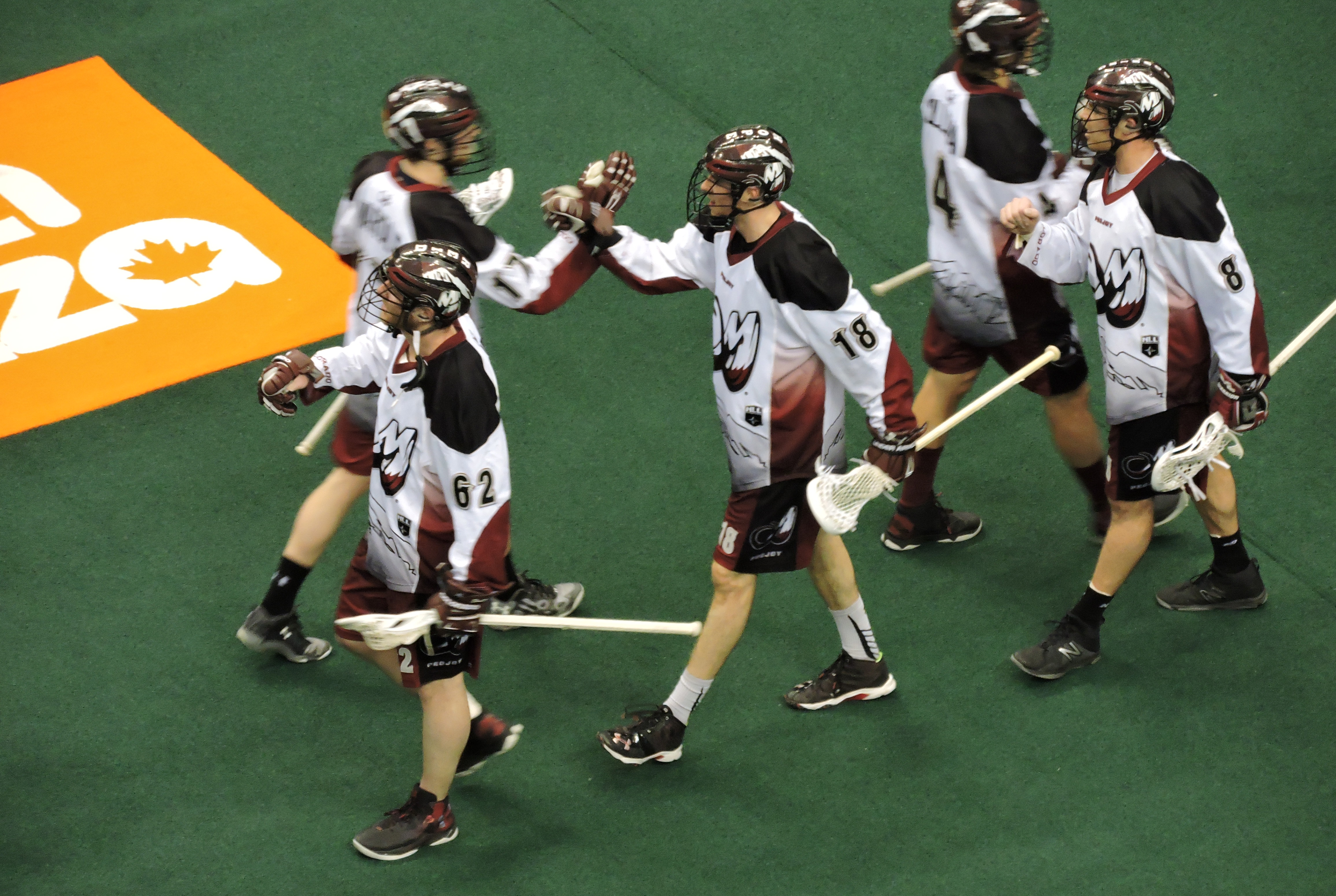 Defensemen Robert Hope (18) celebrates a 14-11 win over the Toronto Rock with his Colorado Mammoth teammates at the Air Canada Centre on March 17, 2017. (Photo credit: Anna Taylor)