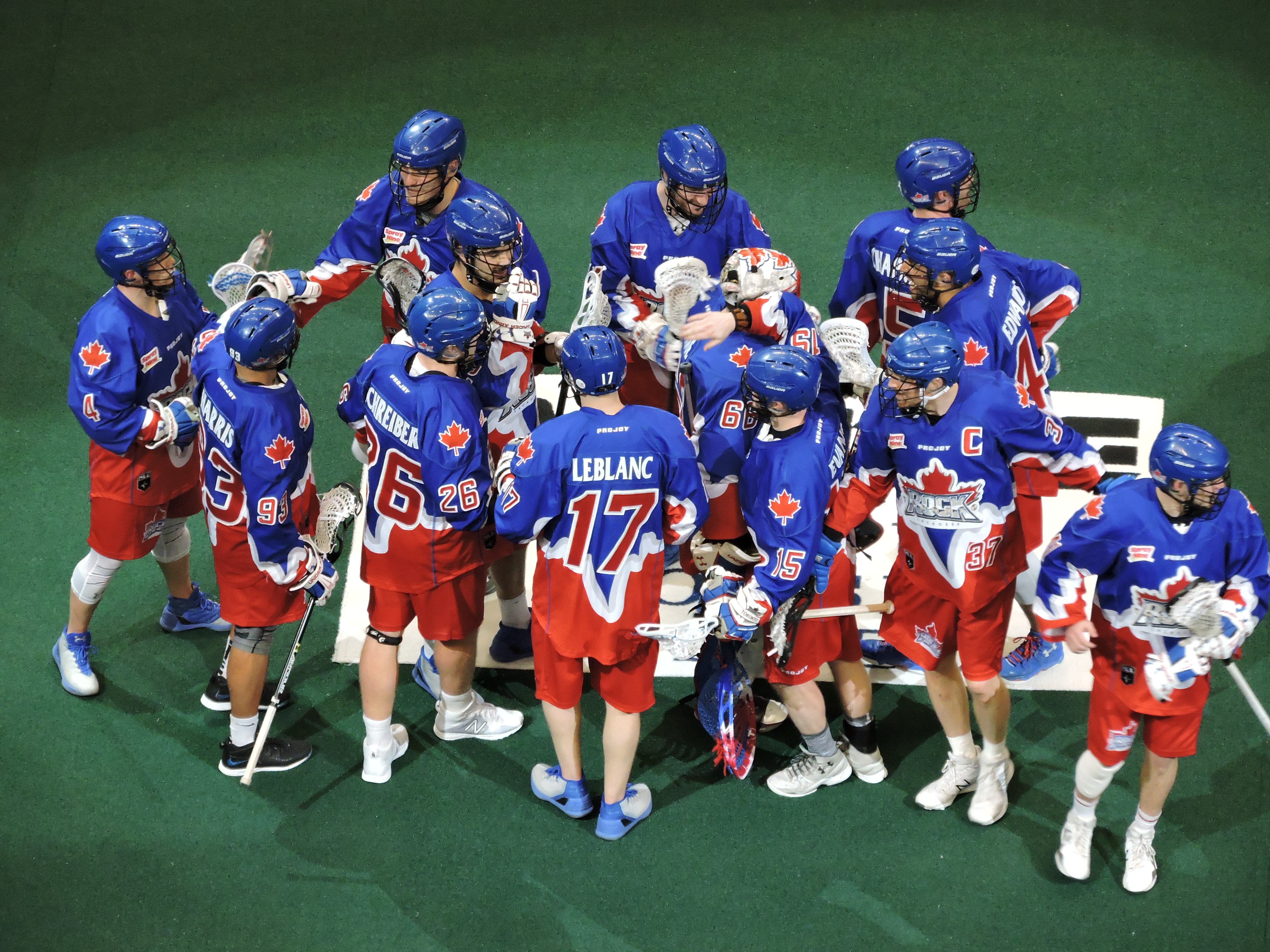 The Toronto Rock celebrate their 13-7 win over the Vancouver Stealth on March 25, 2017 at the Air Canada Centre. (Photo credit: Anna Taylor)