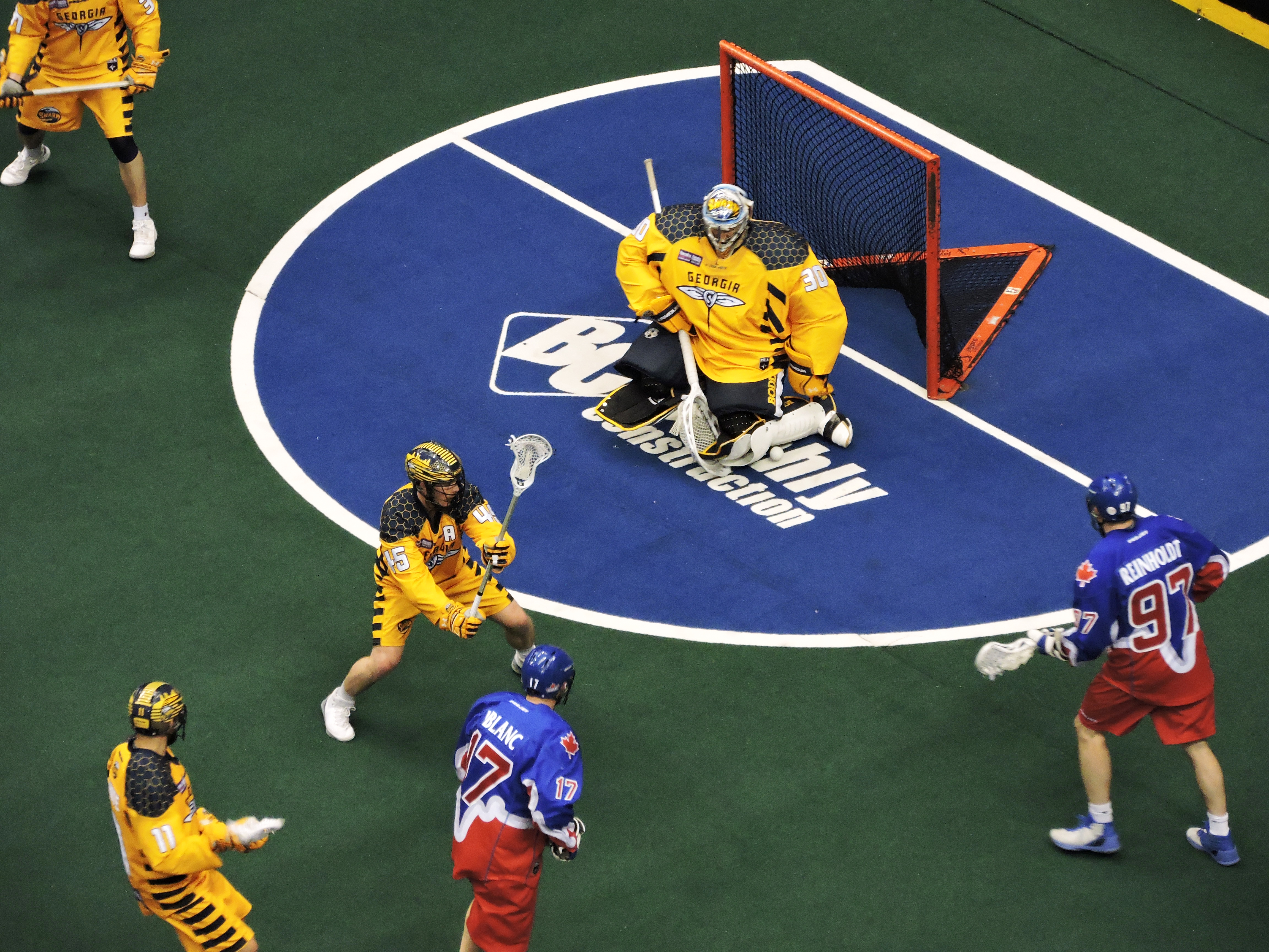 Mike Poulin of the Georgia Swarm makes a save against the Toronto Rock in the east division semi-final on May 13, 2017 at the Air Canada Centre. (Photo credit: Anna Taylor)