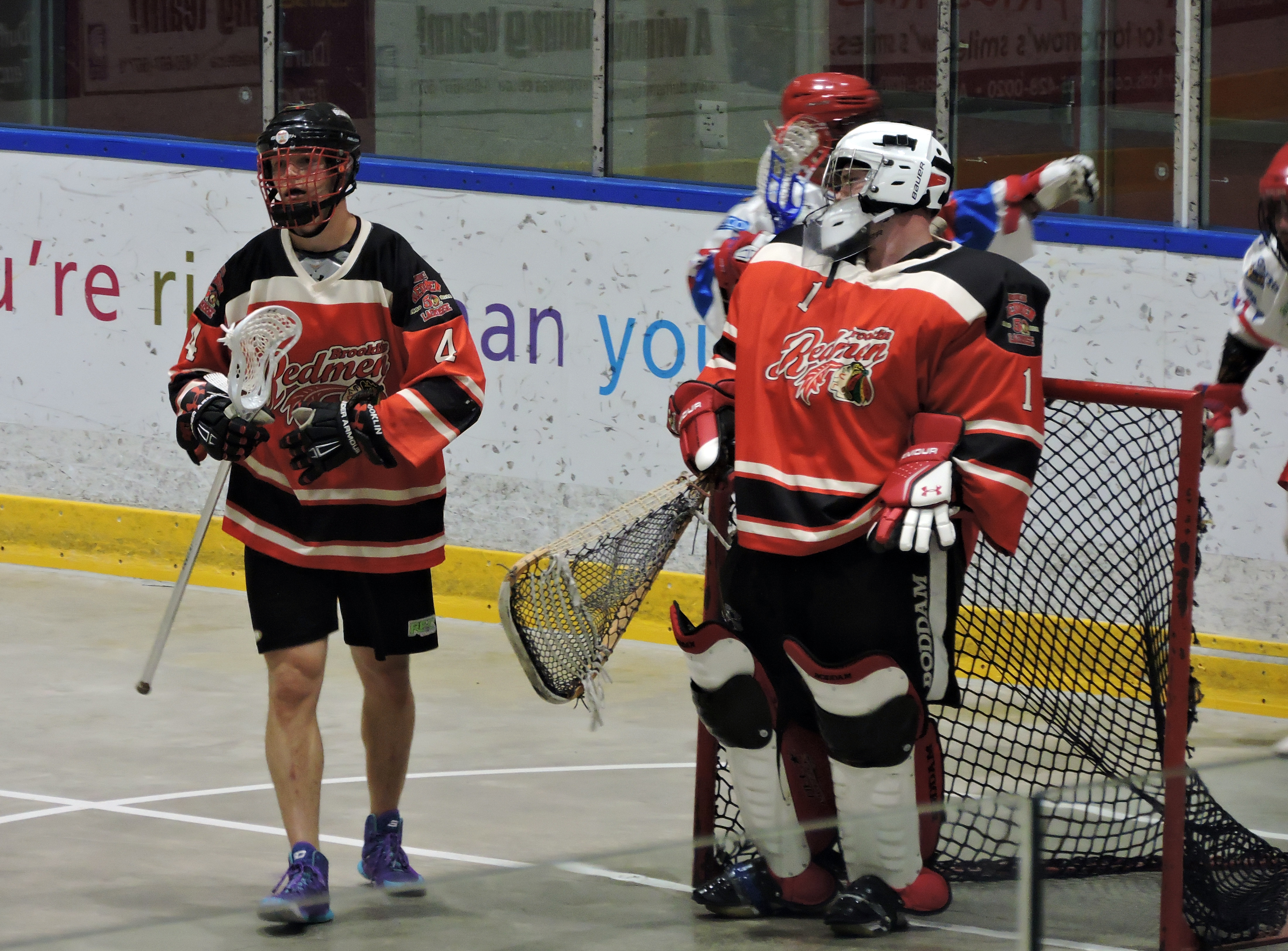 The Brooklin Redmen react to a goal scored by the Peterborough Lakers. (Photo credit: Anna Taylor)