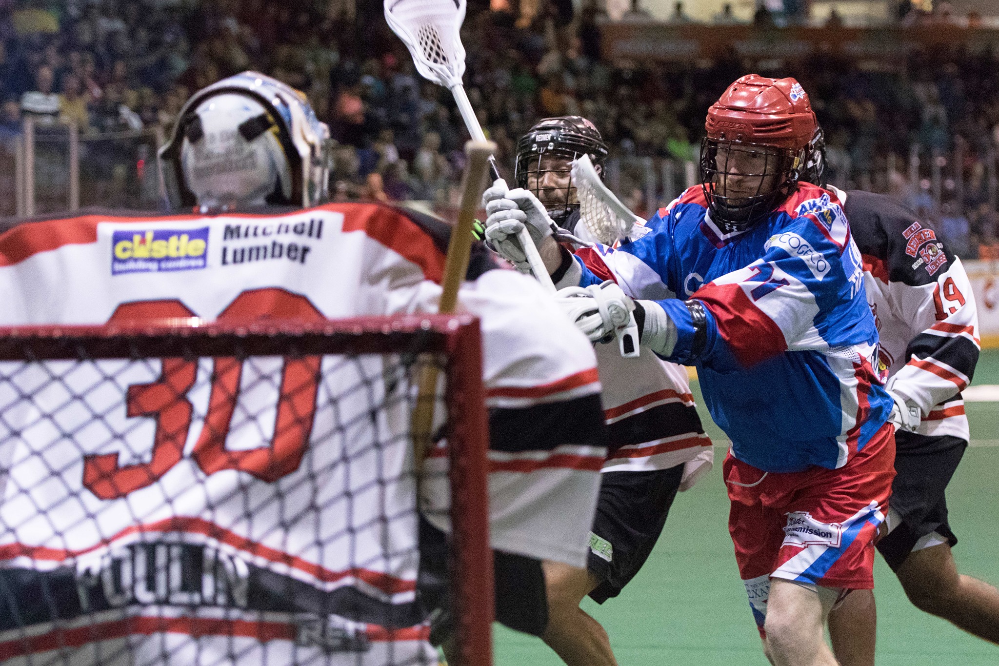 Curtis Dickson of the Peterborough Lakers takes a shot on Mike Poulin of the Brooklin Redmen on July 13, 2017 at the Peterborough Memorial Centre. (Photo credit: Ryan Nolan)