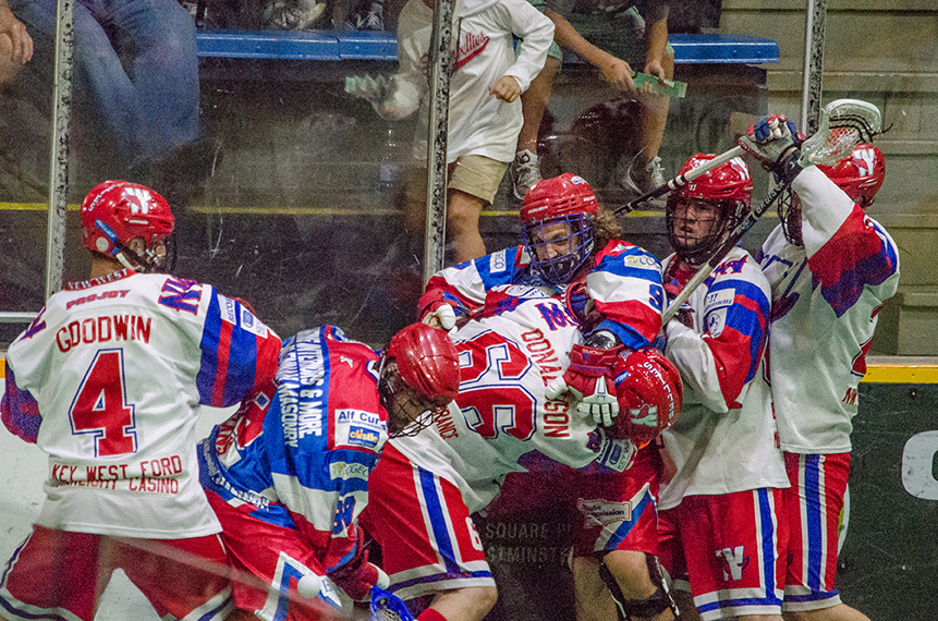 Shawn Evans and Mark Steenhuis mix it up with the New Westminster Salmonbellies in the 2017 Mann Cup. (Photo credit: Kendall Taylor)