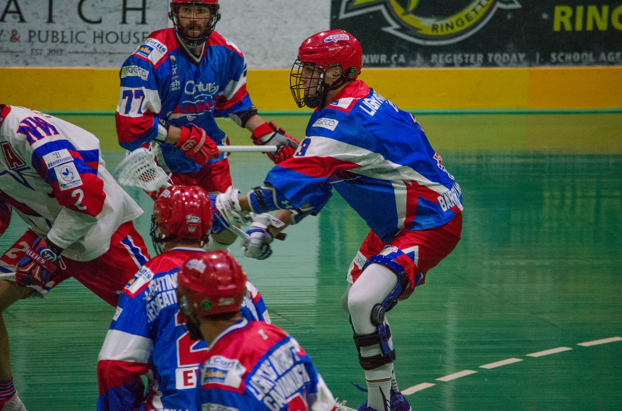 Brock Sorensen of the Peterborough Lakers defends against the New Westminster Salmonbellies in the 2017 Mann Cup. (Photo credit: Kendall Taylor)