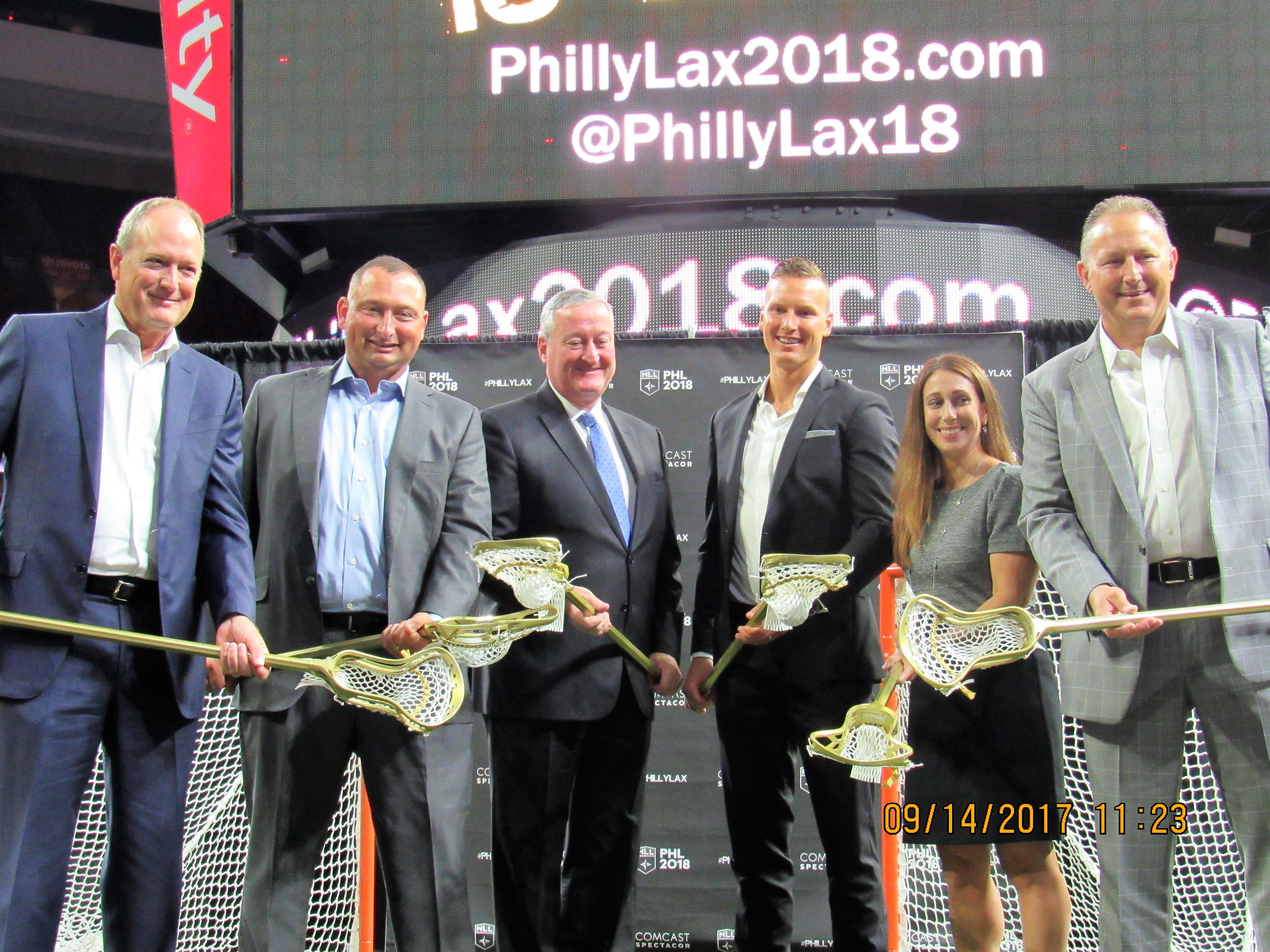 (L-R) Comcast President Dave Scott, Franchise Govenor Sean Tilger, mayor Jim Kenney, Sean Delaney Exec. Director of Lacrosse Operations, . Lindsey Masciangelo Executive Director of Business Operations, and NLL Commissioner Nick Sakiewicz. Photo Credit: Rocco J. Granato