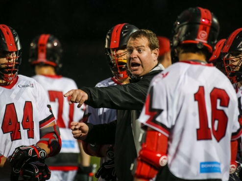 Team Canada's offensive coordinator Matt Brown gives directions to his players during the 2016 FIL U19 Men's Lacrosse World Championship in Coquitlam, B.C. He will rejoin the national team as they look to defend their senior men's world championship title. (Photo Credit: Paul Yates, Vancouver Sports Pictures)