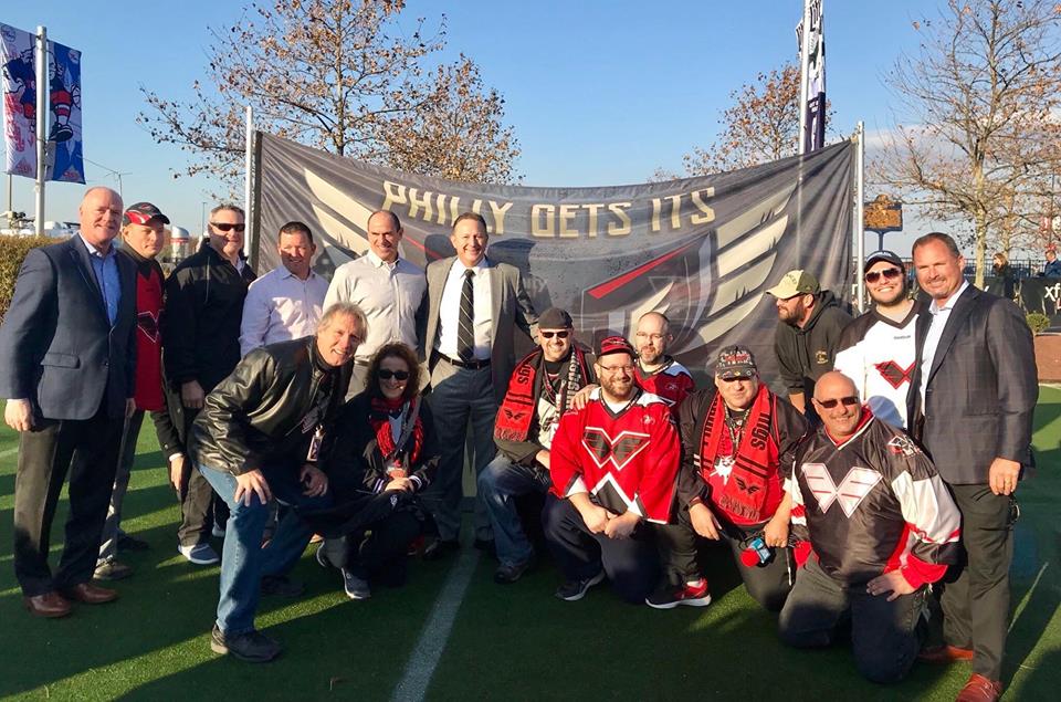 NLL Commisioner Nick Sakiewicz poses with Philadelphia Wings faithful during name the team ceremony (Photo credit: Rocco J. Granato)