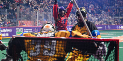 Halifax Thunderbirds' forward, Thomas Hoggarth, celebrates his fourth-quarter goal in a 13-10 over the Philadelphia Wings. (Trevor MacMillan/Halifax Thunderbirds)