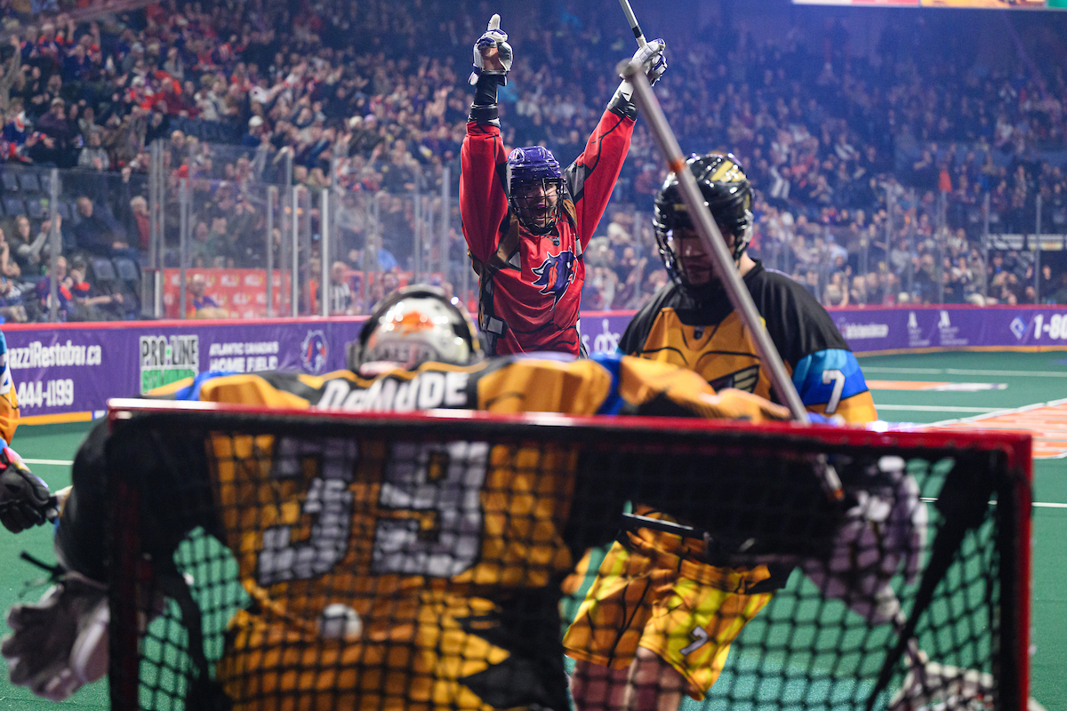 Halifax Thunderbirds' forward, Thomas Hoggarth, celebrates his fourth-quarter goal in a 13-10 over the Philadelphia Wings. (Trevor MacMillan/Halifax Thunderbirds)