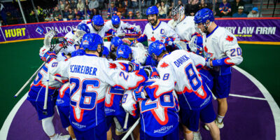 The Toronto Rock huddle at their net before their 15-12 win over the Halifax Thunderbirds at the Scotiabank Centre in Halifax on March 7.