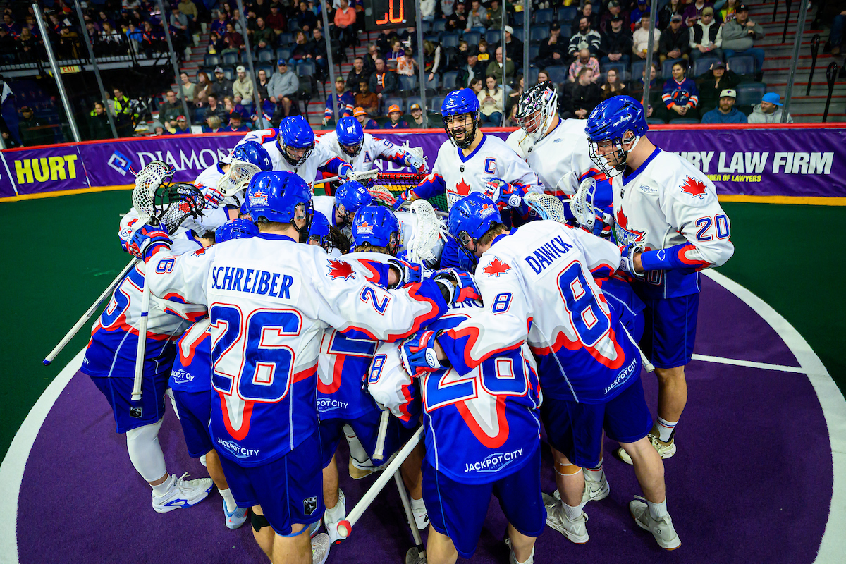 The Toronto Rock huddle at their net before their 15-12 win over the Halifax Thunderbirds at the Scotiabank Centre in Halifax on March 7.