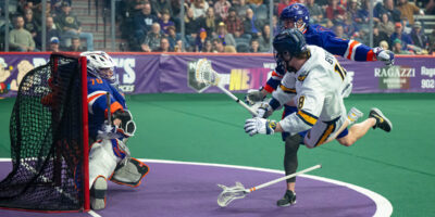 Nolan Byrne jumps over the crease and scores his first of four goals on the night as the Georgia Swarm defeat the Halifax Thunderbirds 11-7 on Saturday night at the Scotiabank Centre in Halifax, N.S.