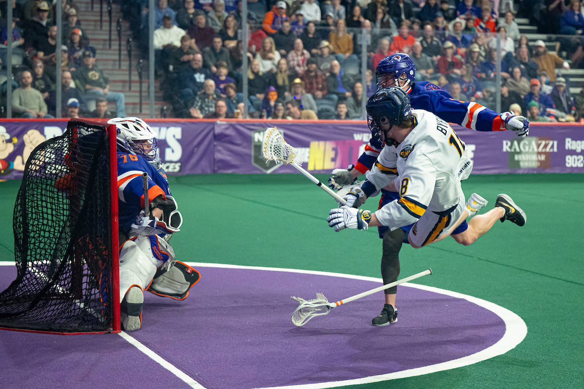 Nolan Byrne jumps over the crease and scores his first of four goals on the night as the Georgia Swarm defeat the Halifax Thunderbirds 11-7 on Saturday night at the Scotiabank Centre in Halifax, N.S.
